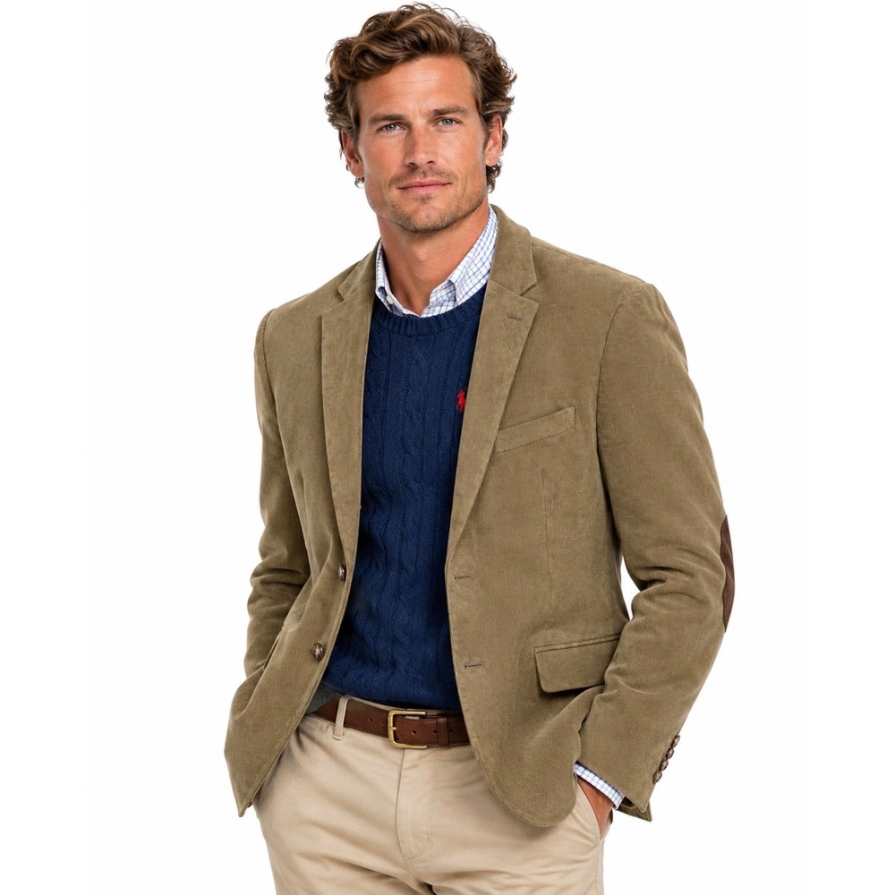 Lauren Ralph Lauren Mens Size 48R Corduroy Blazer Tan Elbow Patch Dog Lining